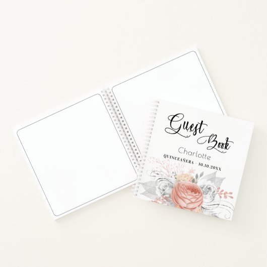 Guest book Quinceanera roos gold floral Silver Notitieboek (Binnen)