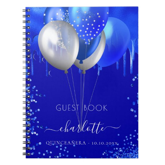 Guest book Quinceanera royal blue druipt ballonnen Notitieboek (Voorkant)