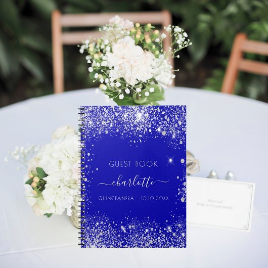 Guest book Quinceanera royal blue zilver glitter Notitieboek