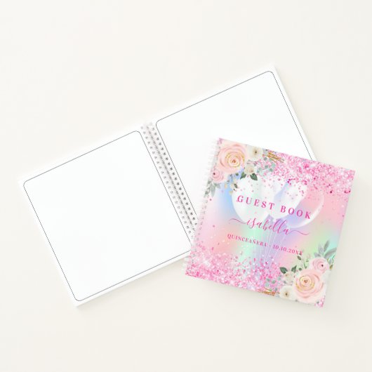 Guest book Quinceanera roze bloemen holografisch Notitieboek (Binnen)