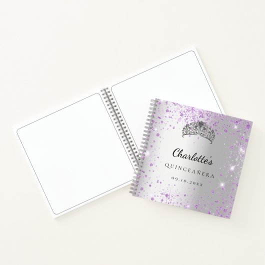 Guest book Quinceañera Silver paarse glitter tiara Notitieboek (Binnen)