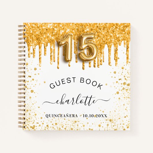 Guest book Quinceanera white gold glitter drift Notitieboek (Voorkant)