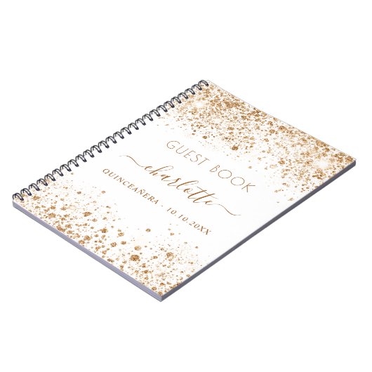 Guest book Quinceanera white gold glitter name Notitieboek (Linkerzijde)