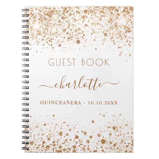 Guest book Quinceanera white gold glitter name Notitieboek (Voorkant)