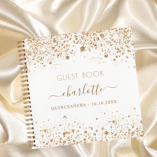 Guest book Quinceanera white gold glitter name Notitieboek