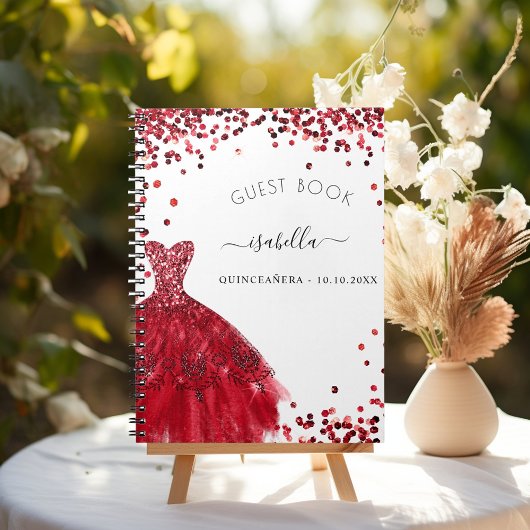 Guest book Quinceanera white red jurk glitter Notitieboek