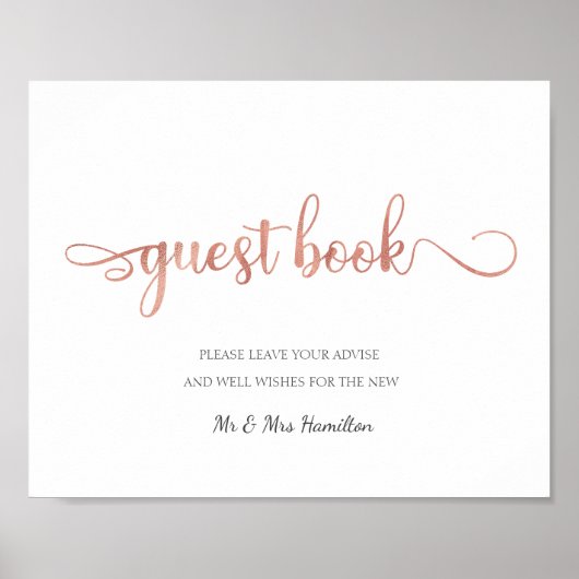"Guest Book" roos goud Wit simpel bruiloft bord Poster (Voorkant)