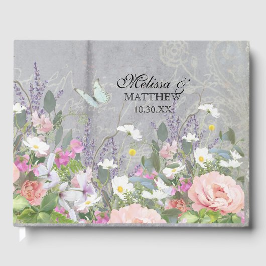 Guest Book Rustic Wood Floral Peony Wild Flowers Gastenboek (Voorkant)