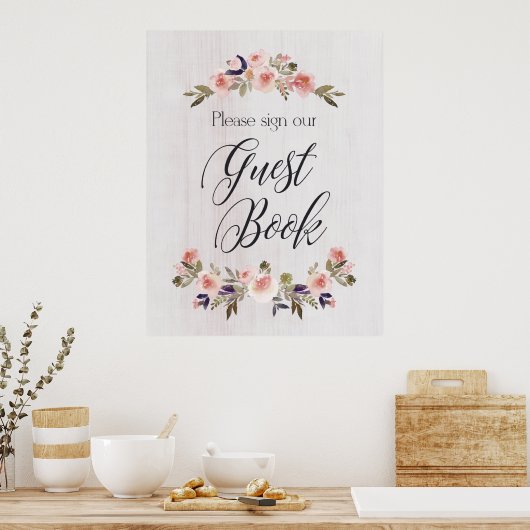 Guest Book sign - floral rustious wood Poster (Keuken)