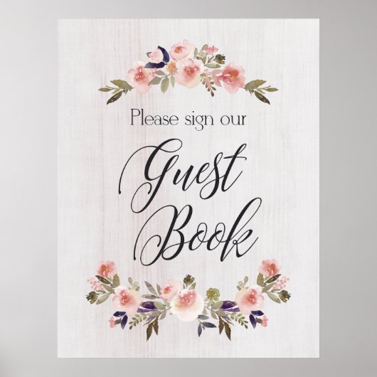 Guest Book sign - floral rustious wood Poster (Voorkant)