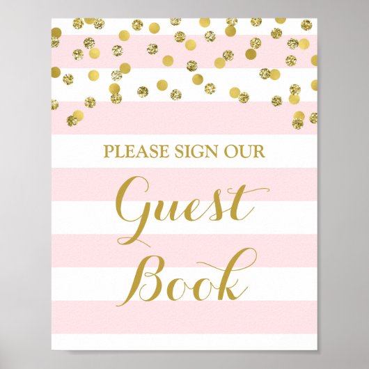 Guest Book Sign Roze Stripes Gold Confetti Poster (Voorkant)