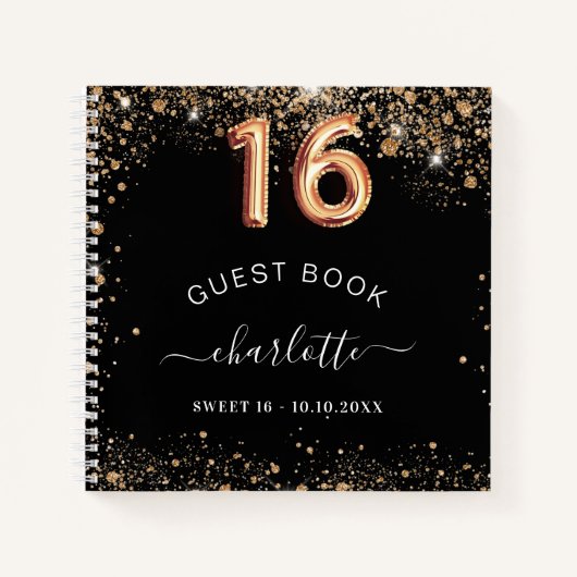 Guest book Sweet 16 black Gold glitter name Notitieboek (Voorkant)