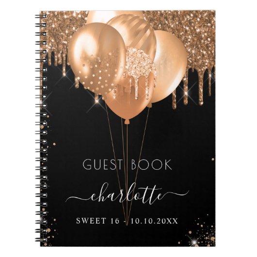 Guest book Sweet 16 black Gold glitter name party Notitieboek (Voorkant)
