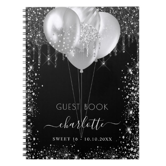 Guest book Sweet 16 black Silver glitter name Notitieboek (Voorkant)