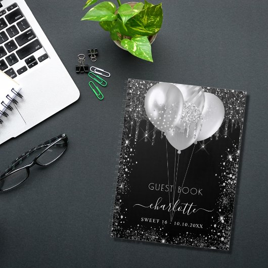 Guest book Sweet 16 black Silver glitter name Notitieboek