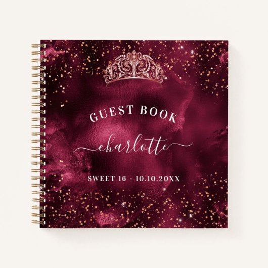 Guest book Sweet 16 Bourgogne roos goudtiara Notitieboek (Voorkant)