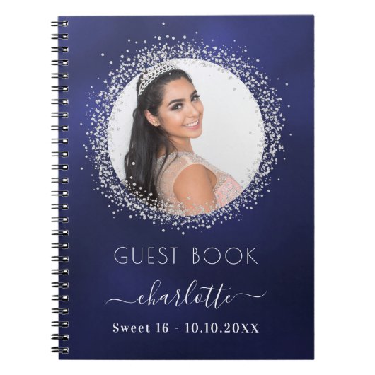 Guest book Sweet 16 navy blue Silver foto Notitieboek (Voorkant)