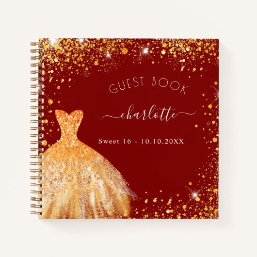 Guest book Sweet 16 red gold glitter jurk Notitieboek (Voorkant)