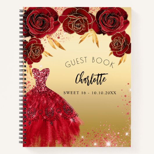 Guest book Sweet 16 red gold glitter jurk Notitieboek (Voorkant)