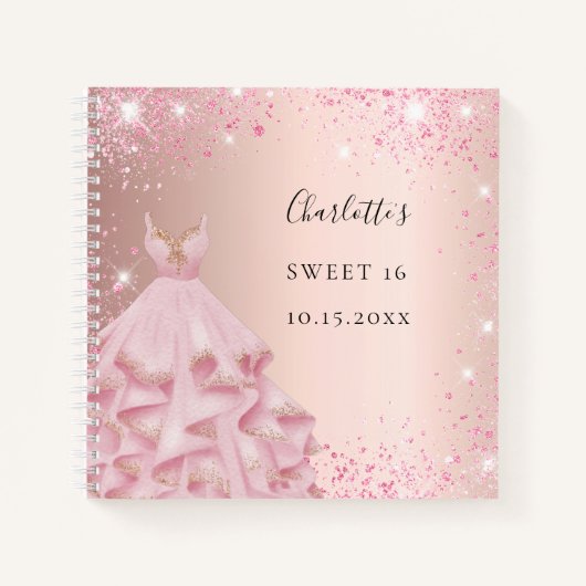 Guest book Sweet 16 roos blush glitter jurk Notitieboek (Voorkant)