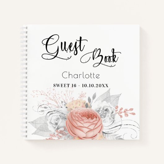 Guest book Sweet 16 roos goudfloral Silver Notitieboek (Voorkant)