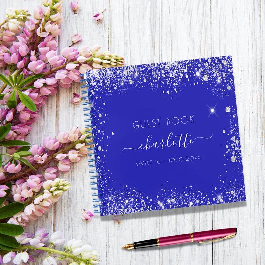 Guest book Sweet 16 royal blue Silver glitter Notitieboek
