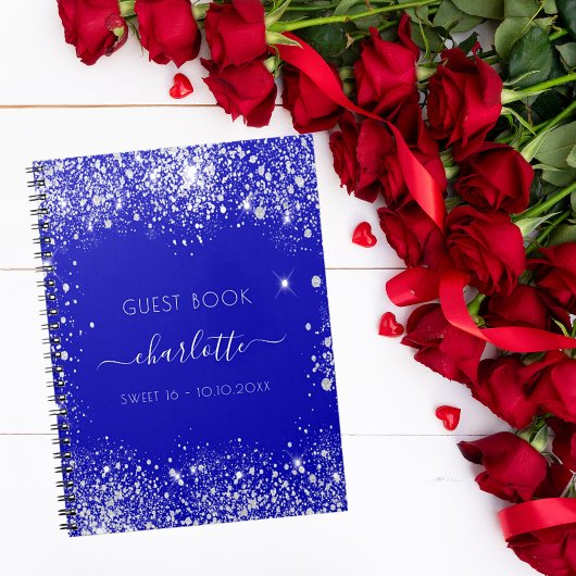 Guest book Sweet 16 royal blue Silver glitter Notitieboek