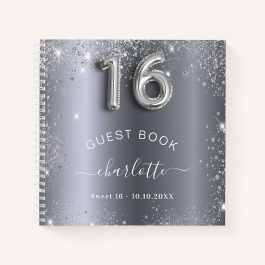 Guest book Sweet 16 Silver Glitter Name glam Notitieboek (Voorkant)