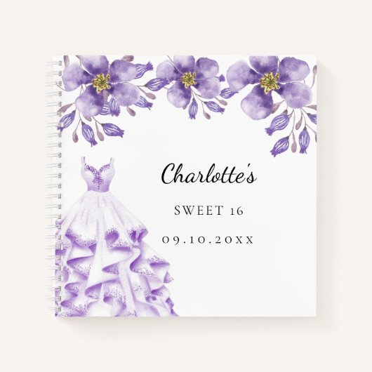 Guest book Sweet 16 violet jurk floral Notitieboek (Voorkant)