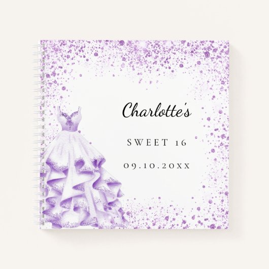 Guest book Sweet 16 violet jurk glitter elegant Notitieboek (Voorkant)