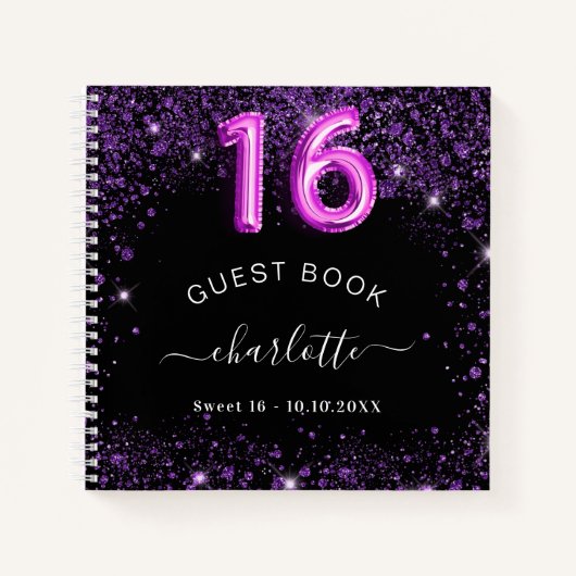 Guest book Sweet 16 zwarte paarse glitter naam Notitieboek (Voorkant)