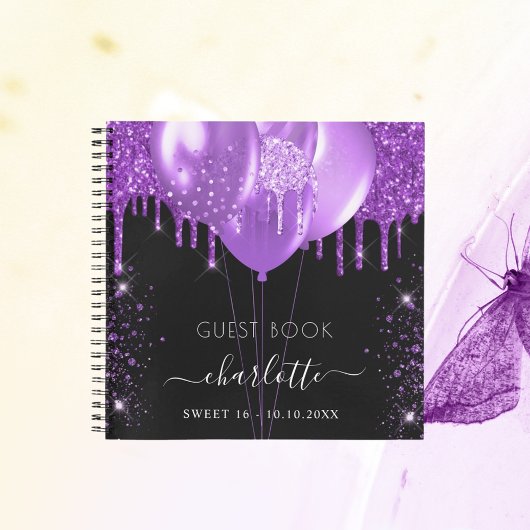 Guest book Sweet 16 zwarte paarse glitter naam Notitieboek
