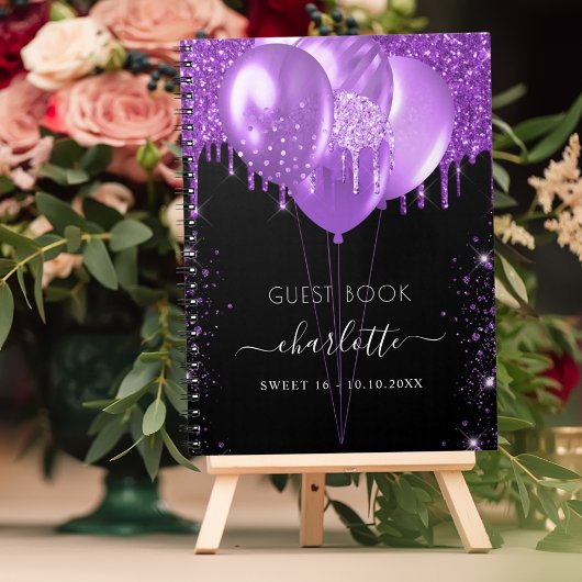 Guest book Sweet 16 zwarte paarse glitter naam Notitieboek