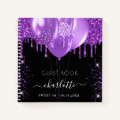 Guest book Sweet 16 zwarte paarse glitter naam Notitieboek (Voorkant)