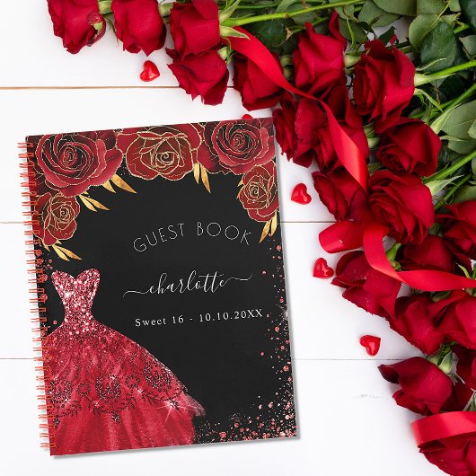 Guest book Sweet 16 zwarte rode glitter jurk Notitieboek