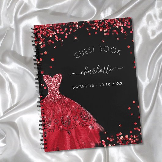 Guest book Sweet 16 zwarte rode glitter jurk Notitieboek