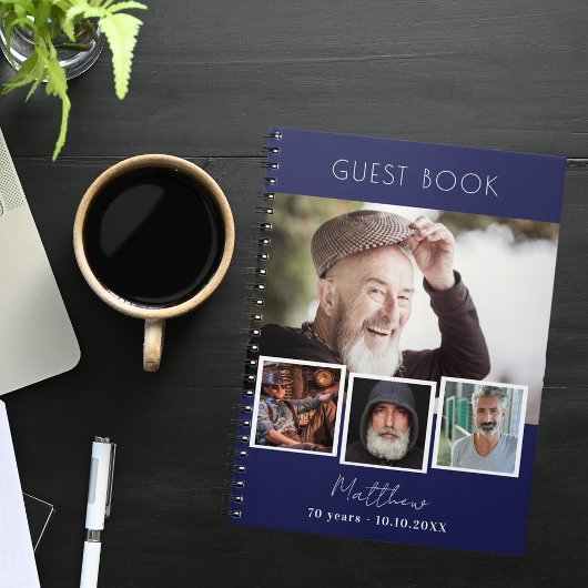 Guest book verjaardagsnavy blauw witte foto collag notitieboek