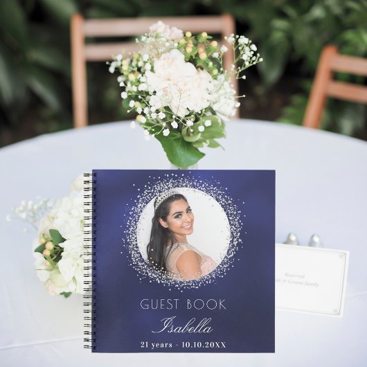 Guest book verjaardagsnavy blue Silglitter foto Notitieboek