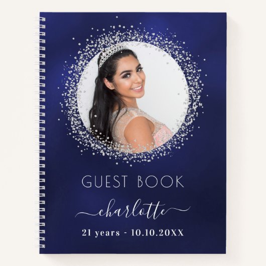 Guest book verjaardagsnavy blue Silglitter foto Notitieboek (Voorkant)