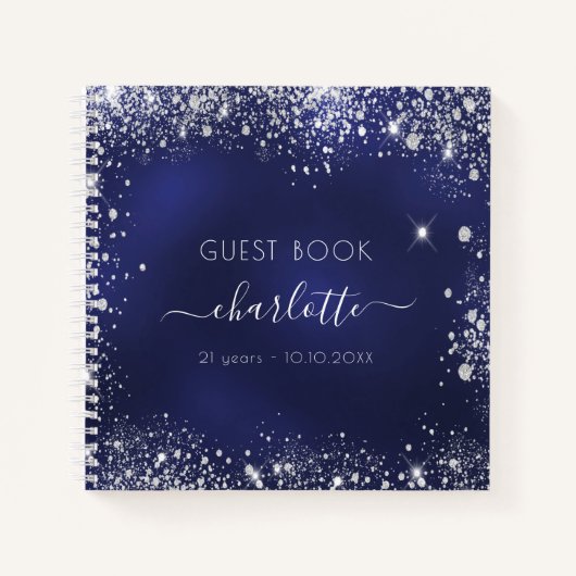 Guest book verjaardagsnavy blue zilver glitter notitieboek (Voorkant)