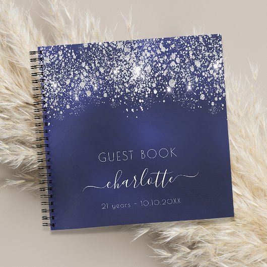 Guest book verjaardagsnavy blue zilver glitter notitieboek