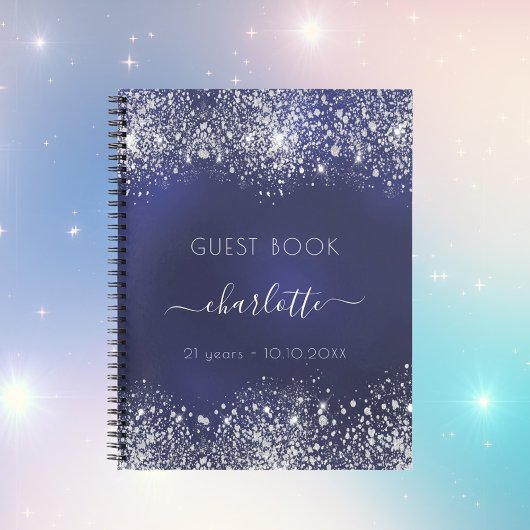 Guest book verjaardagsnavy blue zilver glitter notitieboek