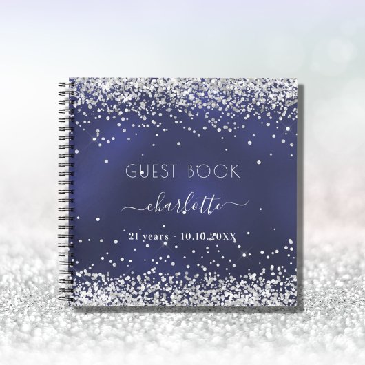 Guest book verjaardagsnavy blue zilver glitter notitieboek