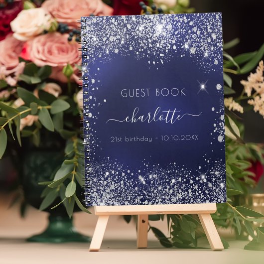 Guest book verjaardagsnavy blue zilver glitter notitieboek