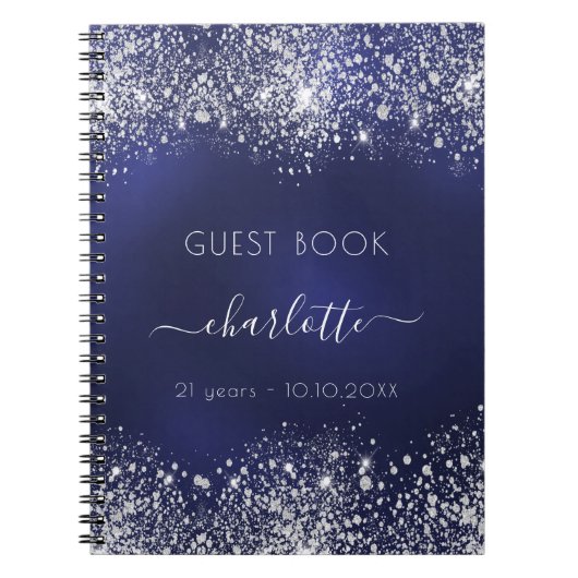 Guest book verjaardagsnavy blue zilver glitter notitieboek (Voorkant)