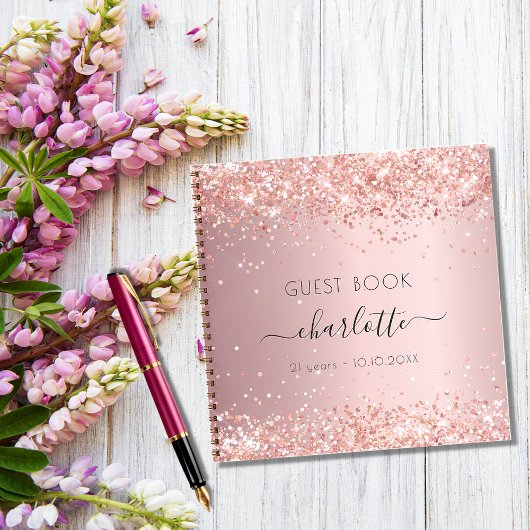 Guest book verjaart blush roze glitter monogram notitieboek