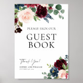 Guest Book Wedding Sign Boho Floral  Burgundy  Poster (Voorkant)