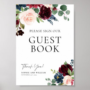 Guest Book Wedding Sign Boho Floral  Burgundy  Poster