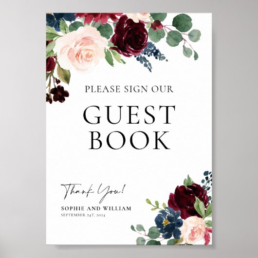 Guest Book Wedding Sign Boho Floral Burgundy Poster (Voorkant)