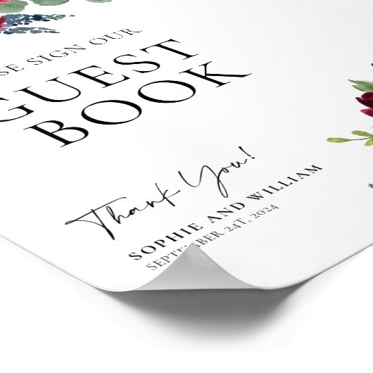 Guest Book Wedding Sign Boho Floral  Burgundy  Poster (Hoek)